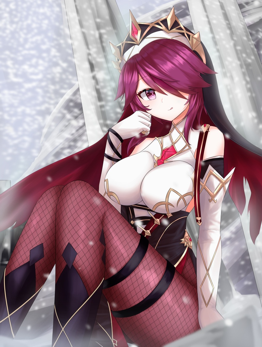 1girl, :p, absurdres, breasts, fishnet_legwear, fishnets, genshin_impact, hair_over_one_eye