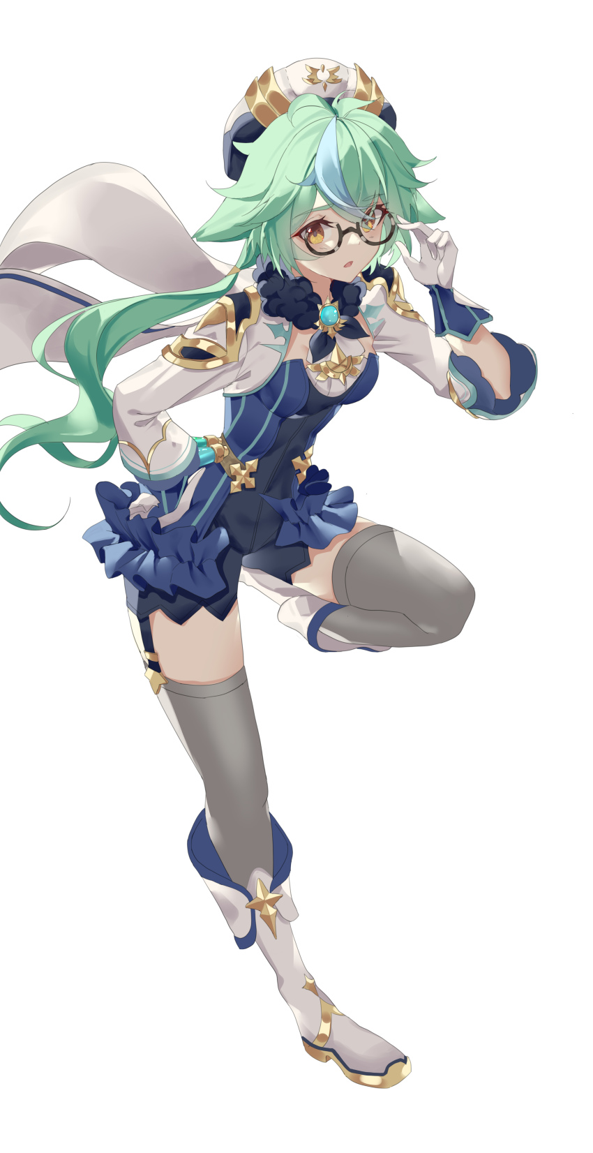 1girl, absurdres, animal_ears, bad_id, bad_pixiv_id, cahangonn, commentary_request, full_body, genshin_impact, glasses, gloves, green_hair, high_heels, highres, round_eyewear, semi-rimless_eyewear, solo, standing, standing_on_one_leg, sucrose_(genshin_impact), thighhighs, vision_(genshin_impact), yellow_eyes