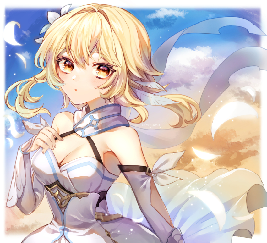 1girl, bare_shoulders, blonde_hair, blue_sky, blush, breasts, cleavage, cloud