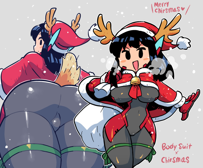 1girl, :d, antlers, ass, asta_rindo_(rariatto), black_eyes, black_hair, blush_stickers