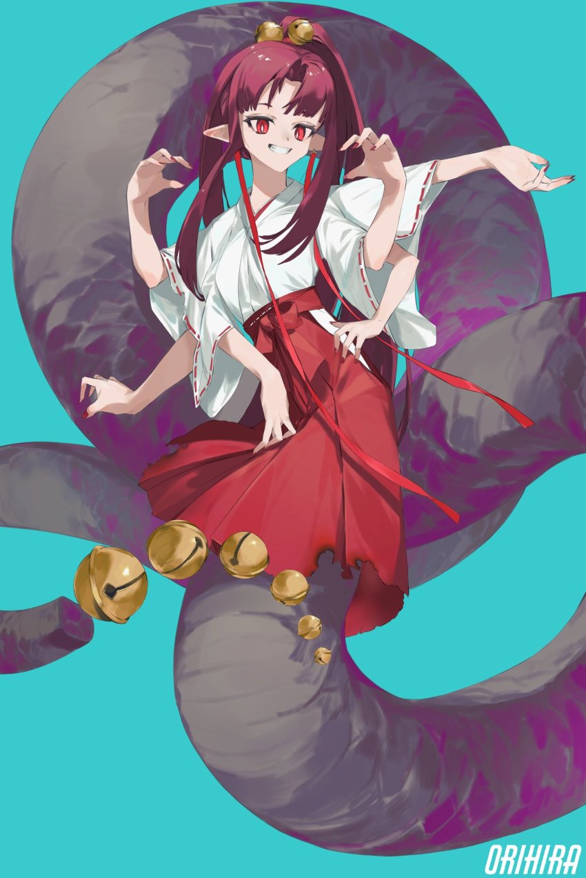 1girl, aqua_background, artist_name, bell, extra_arms, hair_bell, hair_ornament, hakama