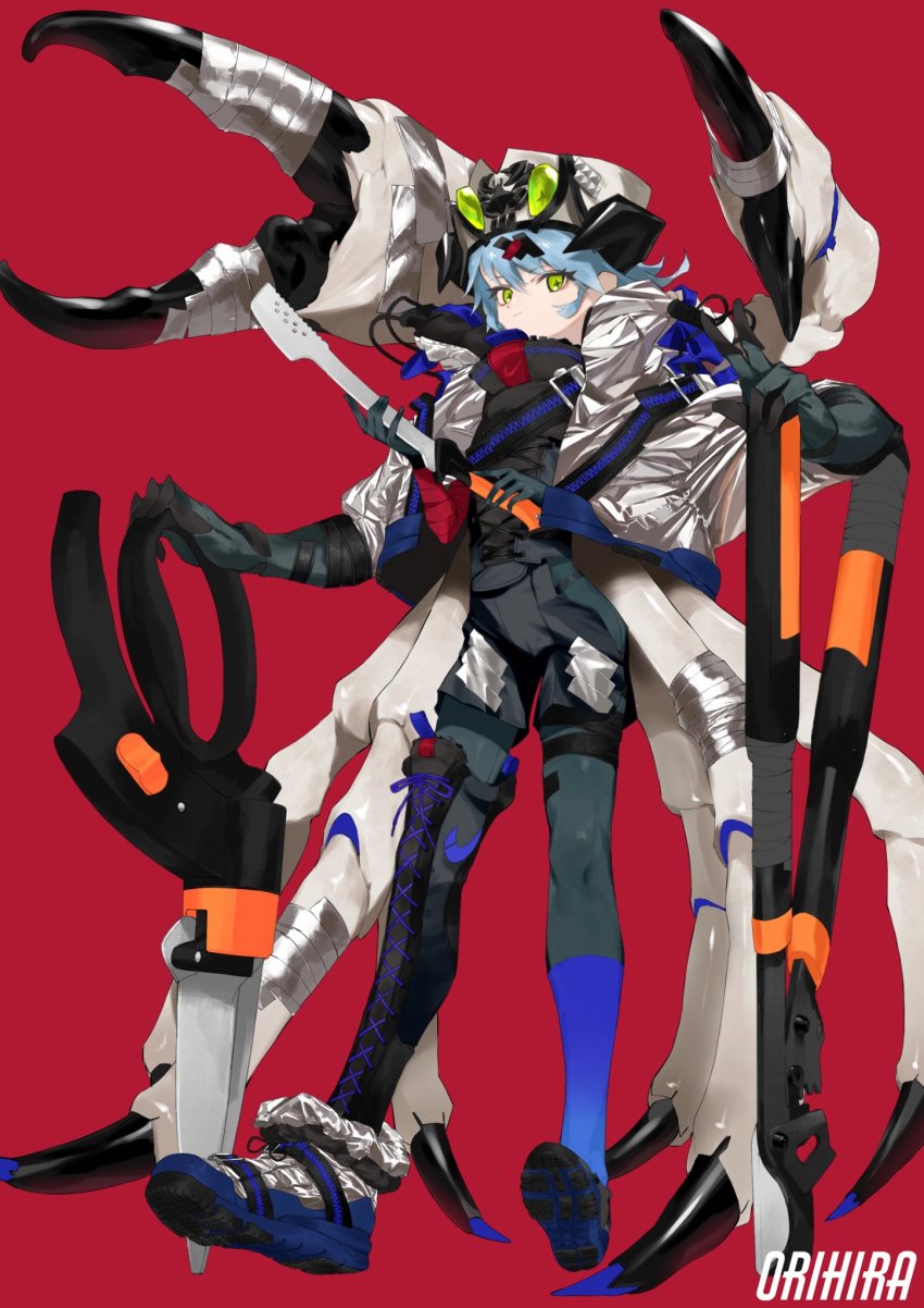 +_+, 1girl, aqua_hair, artist_name, asymmetrical_footwear, asymmetrical_legwear, claws, extra_arms