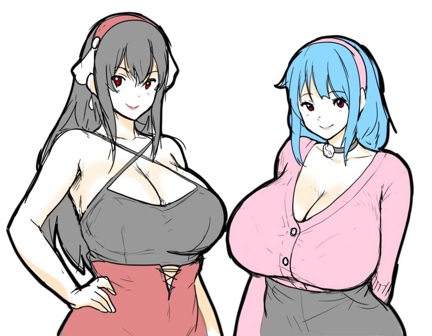 2girls, black_choker, black_hair, black_hairband, black_shirt, black_sweater, blue_hair, breasts
