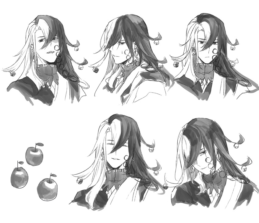 1boy, absurdres, apple, ashiya_douman_(fate), asymmetrical_hair, black_hair, cropped_shoulders, curly_hair, earrings, multiple_expressions, fate/grand_order, fate_(series), food, fruit, greyscale, hair_between_eyes, hair_intakes, head_tilt, highres, jewelry, long_hair, magatama, magatama_earrings, male_focus, monochrome, multicolored_hair, mushitori_(pixiv261122), sketch, smile, split-color_hair, two-tone_hair, very_long_hair, white_hair