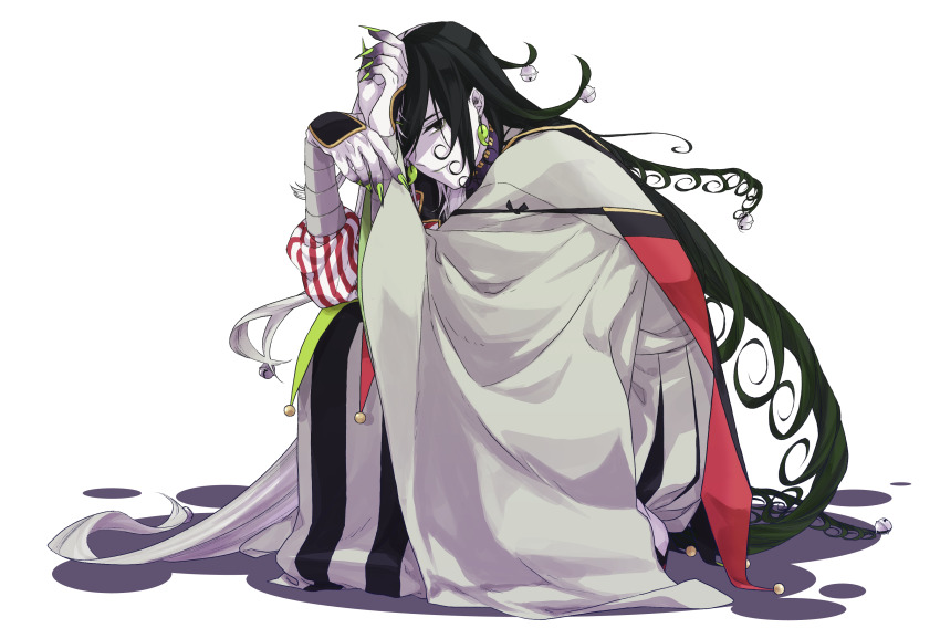 1boy, absurdres, ashiya_douman_(fate), asymmetrical_clothes, asymmetrical_hair, bell, black_eyes, black_hair