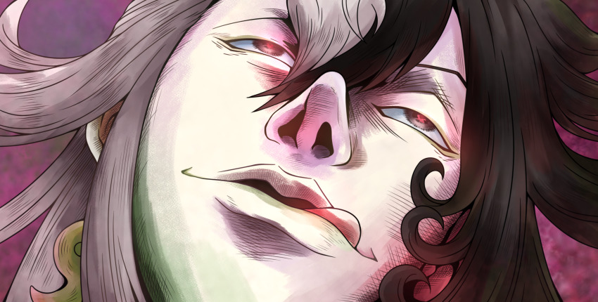 1boy, :q, ashiya_douman_(fate), asymmetrical_hair, black_eyes, black_hair, blurry, blurry_background