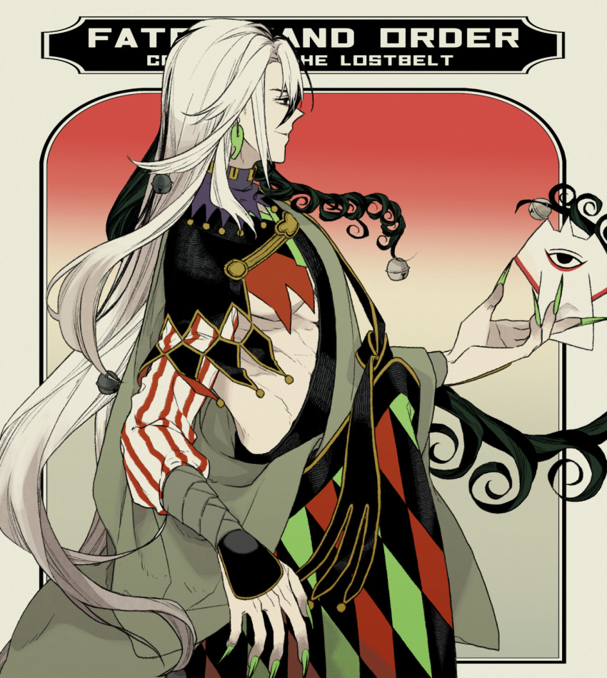 1boy, ashiya_douman_(fate), asymmetrical_clothes, asymmetrical_hair, bell, black_eyes, black_hair, copyright_name