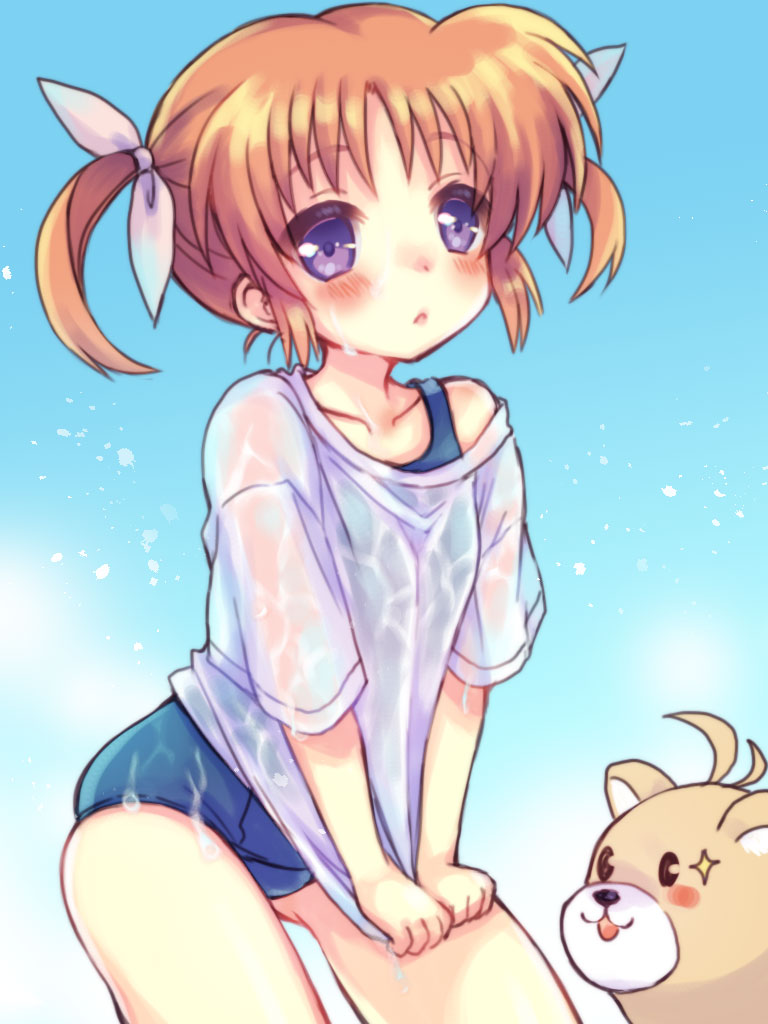 1girl, blue_one-piece_swimsuit, blue_sky, blush, brown_hair, chonkoo, commentary, cowboy_shot