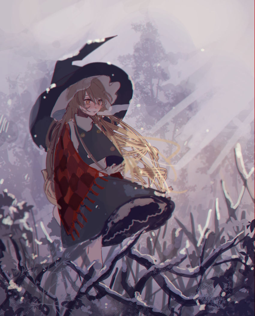 1girl, absurdres, black_hat, black_skirt, black_vest, blonde_hair, blush, branch
