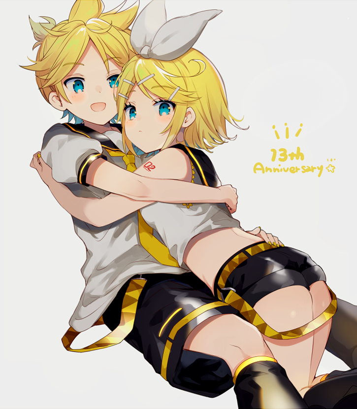 1boy, 1girl, anniversary, bad_id, bad_twitter_id, bare_arms, bare_shoulders, black_collar, black_leg_warmers, black_legwear, black_shorts, blonde_hair, blue_eyes, bow, collar, commentary, crop_top, expressionless, grey_background, hair_bow, hair_ornament, hairclip, hug, kagamine_len, kagamine_rin, leg_warmers, looking_at_another, looking_at_viewer, mutual_hug, nail_polish, necktie, ponytail, sailor_collar, school_uniform, shimada71_72, shirt, short_hair, short_ponytail, short_shorts, short_sleeves, shorts, shoulder_tattoo, smile, spiked_hair, swept_bangs, untranslatable_commentary, tattoo, vocaloid, white_bow, white_shirt, yellow_nails, yellow_neckwear