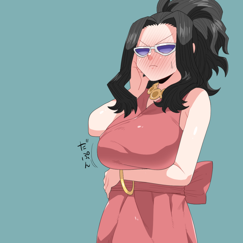 1girl, bare_shoulders, black_hair, blue_background, blush, boku_no_hero_academia, bracelet, breasts, disguise, dress, highres, jewelry, large_breasts, long_hair, necklace, oekaki_ka, pink_dress, ponytail, purple-tinted_eyewear, sleeveless, solo, sunglasses, sweat, tinted_eyewear, yaoyorozu_momo