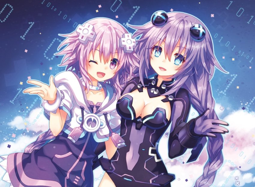 2girls, blue_eyes, blush, braid, breasts, cleavage, cleavage_cutout, clothing_cutout