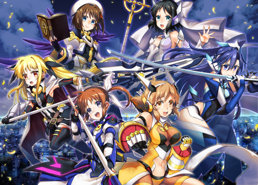 6+girls, :d, amatsuki_colors, apron, armor, armored_dress, armored_skirt, bardiche_(javelin_form)_(nanoha)