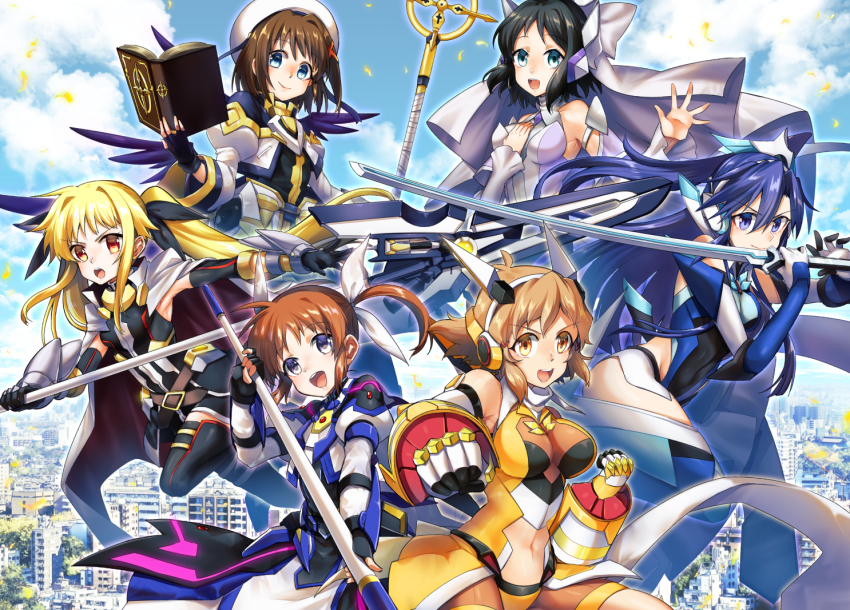 6+girls, :d, amatsuki_colors, apron, armor, armored_dress, armored_skirt, bardiche_(javelin_form)_(nanoha)