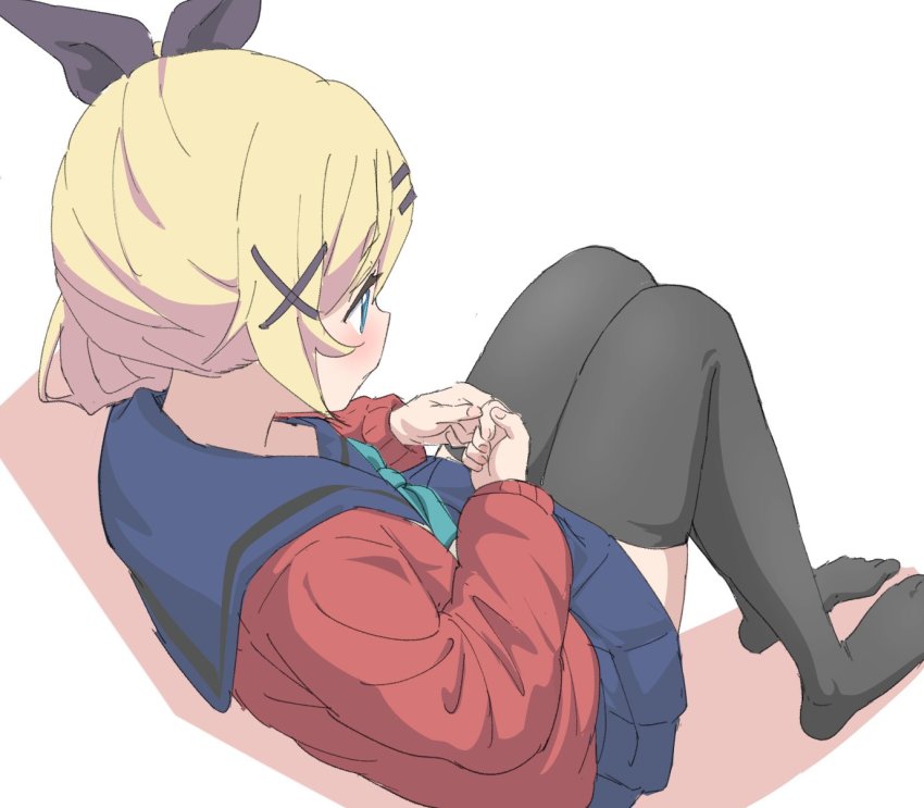 1girl, bad_id, bad_twitter_id, black_thighhighs, blonde_hair, blue_eyes, cross_hair_ornament, hair_ornament