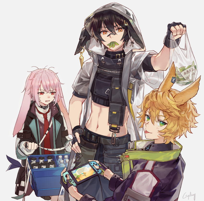 3boys, animal_ears, ansel_(arknights), arknights, arm_up, ayerscarpe_(arknights), bag, bandages, bandaid, bandaid_on_face, bandaid_on_nose, black_choker, black_coat, black_gloves, black_hair, black_jacket, black_pants, black_shirt, blonde_hair, bottle, box, choker, coat, cowboy_shot, crop_top, cropped_jacket, csyday, edamame, fingerless_gloves, frown, gloves, green_eyes, grey_jacket, hair_between_eyes, holding, holding_bag, hood, hood_up, jacket, leonhardt_(arknights), long_hair, long_sleeves, male_focus, messy_hair, midriff, mouth_hold, multiple_boys, necktie, nintendo_switch, orange_eyes, pants, pink_hair, rabbit_boy, rabbit_ears, red_eyes, red_neckwear, shirt, short_hair, short_sleeves, simple_background, tongue, tongue_out, trait_connection, trap, upper_body, white_background, white_gloves