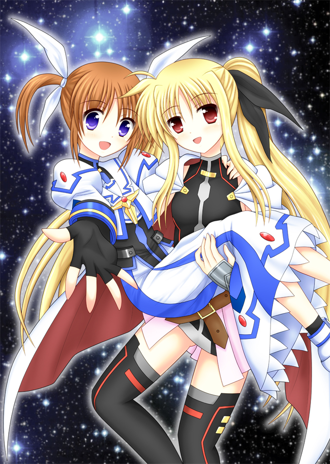 2girls, black_ribbon, blonde_hair, blue_eyes, capelet, carrying, cloak, couple