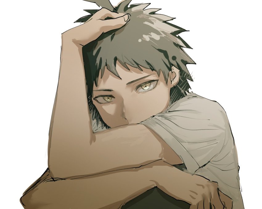 1boy, ai_(meira32373165), brown_eyes, covered_mouth, danganronpa_(series), danganronpa_2:_goodbye_despair, grey_shirt, hinata_hajime