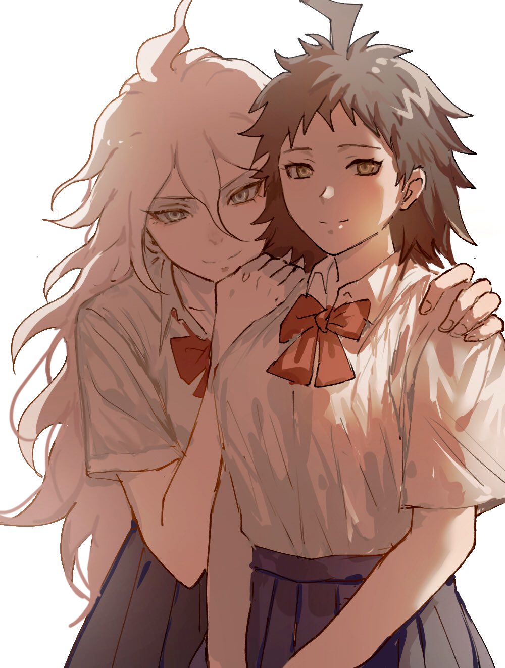 2girls, ahoge, ai_(meira32373165), black_skirt, bow, bowtie, breasts, brown_eyes, brown_hair, closed_mouth, collared_shirt, danganronpa_(series), danganronpa_2:_goodbye_despair, genderswap, genderswap_(mtf), grey_hair, hair_between_eyes, hands_on_another's_shoulders, highres, hinata_hajime, komaeda_nagito, long_hair, looking_at_viewer, medium_breasts, medium_hair, messy_hair, multiple_girls, pleated_skirt, red_neckwear, school_uniform, shirt, shirt_tucked_in, short_sleeves, simple_background, skirt, smile, v_arms, white_background, white_shirt