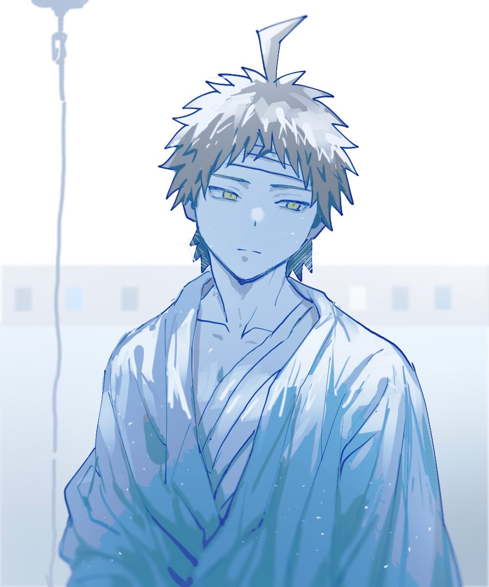 1boy, ahoge, ai_(meira32373165), bandaged_head, bandages, blue_theme, brown_eyes, brown_hair