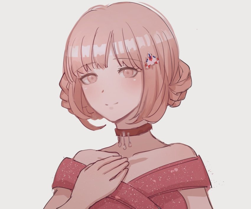 1girl, ai_(meira32373165), alternate_hairstyle, bare_shoulders, blunt_bangs, brown_hair, closed_mouth, collar, collarbone, commentary_request, danganronpa_(series), danganronpa_2:_goodbye_despair, dress, hair_ornament, hairclip, hairpin, hand_on_own_chest, looking_at_viewer, nanami_chiaki, off-shoulder_dress, off_shoulder, official_alternate_costume, pink_collar, pink_dress, pink_eyes, portrait, short_hair, short_sleeves, simple_background, smile, solo