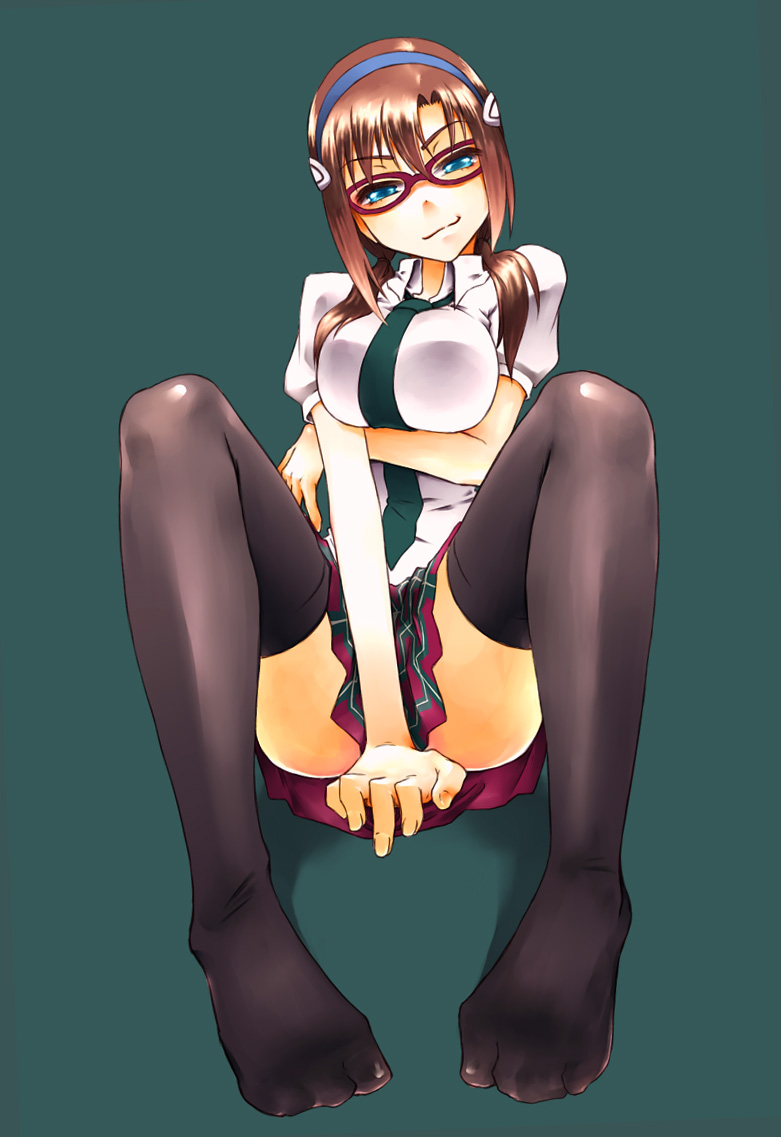 00s, 1girl, bad_id, bad_pixiv_id, breasts, brown_hair, feet, female_focus, full_body, glasses, kutori_pan'ya, legs, makinami_mari_illustrious, naughty_face, neon_genesis_evangelion, rebuild_of_evangelion, school_uniform, solo, thighhighs