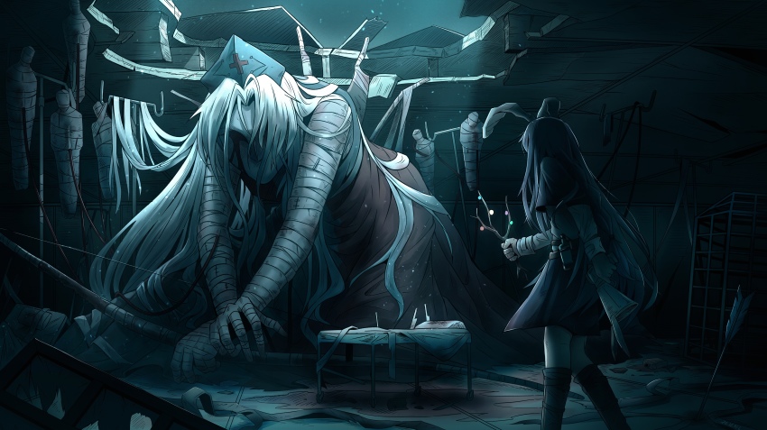 2girls, absurdres, animal_ears, arrow_(projectile), bandaged_arm, bandages, blood, bloody_tears