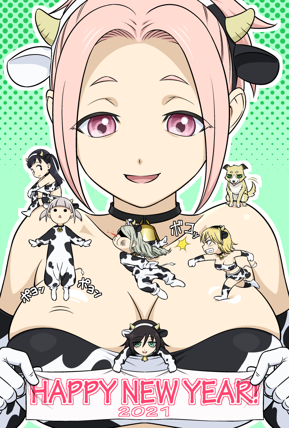2021, 6+girls, :<, :d, angry, animal, animal_costume, animal_ears, animal_on_shoulder, animal_print, anna_(watamote), bags_under_eyes, bandeau, banner, bare_shoulders, bell, between_breasts, black_collar, black_hair, black_hairband, blonde_hair, blood, blunt_bangs, blush, boots, breasts, bruise, calendar_(medium), chinese_zodiac, cleavage, clenched_hands, clenched_teeth, closed_mouth, collar, collarbone, commentary_request, cow_costume, cow_ears, cow_girl, cow_horns, cow_print, cow_tail, cowbell, dog, elbow_gloves, english_text, eyes_in_shadow, eyes_visible_through_hair, fake_animal_ears, fake_horns, fake_tail, floating_hair, futaki_shiki, gloves, green_background, green_eyes, green_hair, grey_hair, hair_between_eyes, hairband, happy_new_year, highres, holding, horns, ichikawa_masahiro, imae_megumi, injury, jingle_bell, jumping, kuroki_tomoko, large_breasts, leg_up, long_hair, long_sleeves, looking_at_viewer, looking_down, maro_(watamote), medium_breasts, midriff, mini_person, minigirl, motion_lines, multicolored_hair, multicolored_hairband, multiple_girls, navel, neck_bell, nengajou, new_year, nosebleed, on_shoulder, open_mouth, outline, pink_eyes, pink_hair, polka_dot, polka_dot_background, print_bandeau, print_gloves, print_skirt, punching, rena_(watamote), scratches, short_hair, short_twintails, sitting, skirt, smile, solid_circle_eyes, sound_effects, standing, standing_on_one_leg, tail, tail_wagging, teeth, tongue, tongue_out, triangle_mouth, twintails, two-tone_hair, two-tone_hairband, upper_body, watashi_ga_motenai_no_wa_dou_kangaetemo_omaera_ga_warui!, white_hairband, white_outline, year_of_the_ox, yoshida_masaki