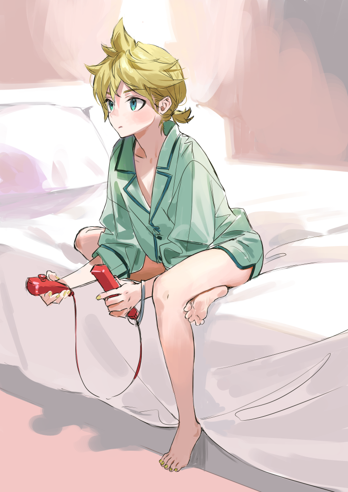 1boy, barefoot, blonde_hair, blue_eyes, controller, feet, game_controller, kagamine_len