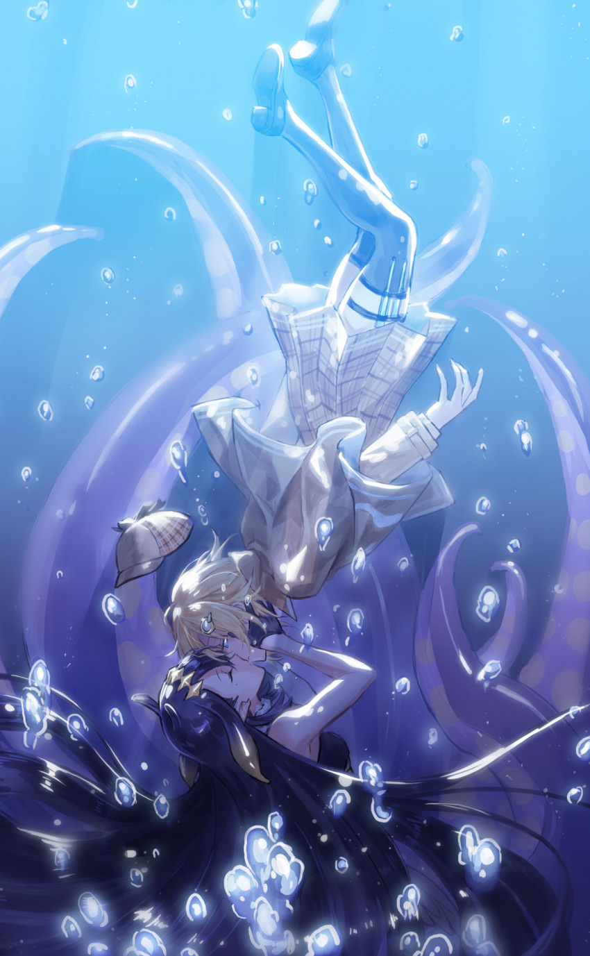 2girls, armpits, black_hair, blonde_hair, blue_eyes, bubble, capelet, closed_eyes