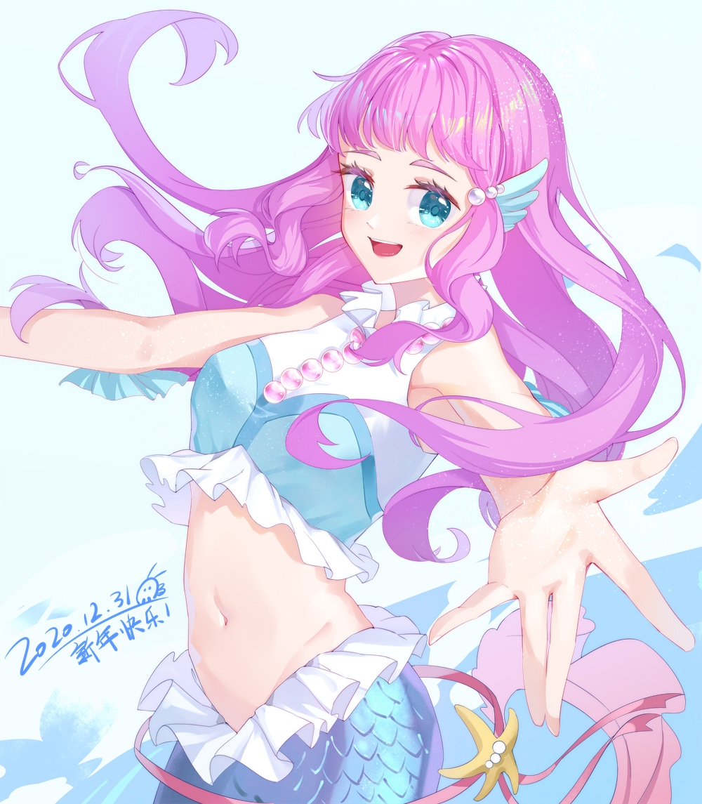 1girl, :d, armpits, ayako_(xiaqiu), bare_shoulders, blue_background, blue_eyes, breasts, chinese_commentary, commentary_request, cowboy_shot, crop_top, dated, fins, frilled_shirt, frills, groin, hair_ornament, jewelry, laura_(precure), long_hair, looking_at_viewer, medium_breasts, mermaid, midriff, monster_girl, navel, open_mouth, outstretched_arms, pearl_hair_ornament, pink_hair, precure, shirt, sidelocks, signature, sleeveless, sleeveless_shirt, smile, solo, teeth, tropical-rouge!_precure, upper_teeth_only