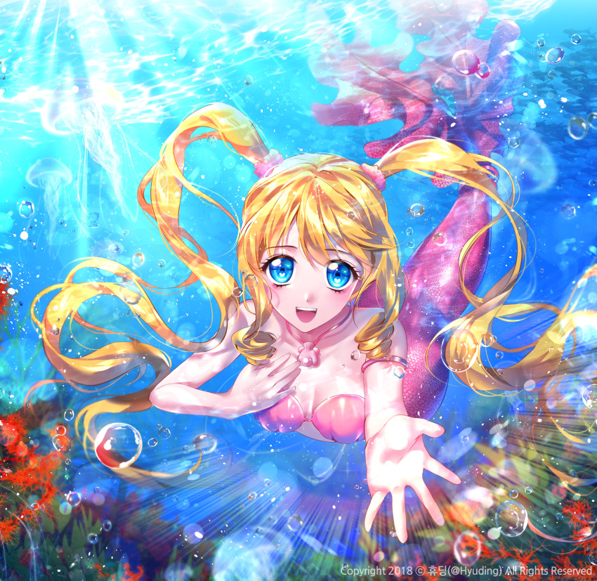 1girl, :d, air_bubble, armlet, artist_name, bare_shoulders, bikini, blonde_hair