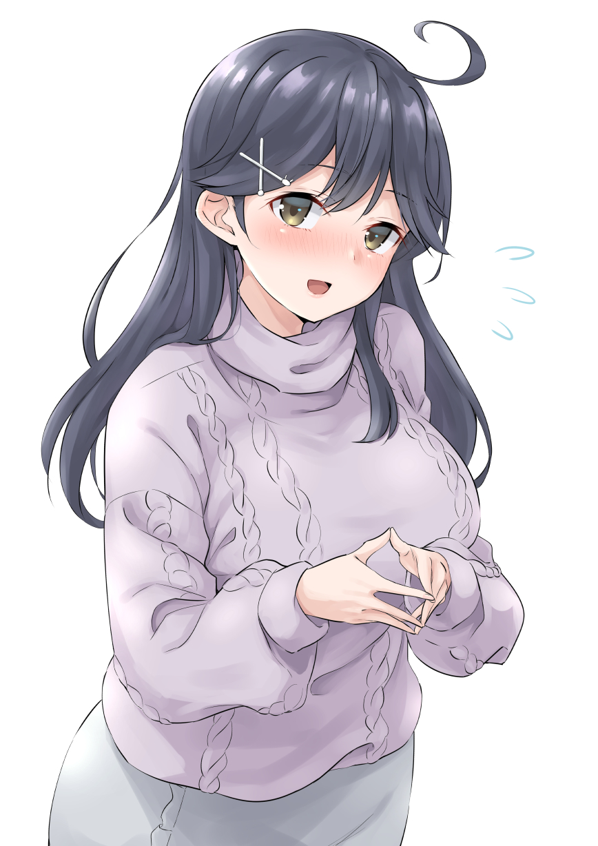 1girl, ahoge, aran_sweater, black_hair, breasts, brown_eyes, cable_knit, commentary_request
