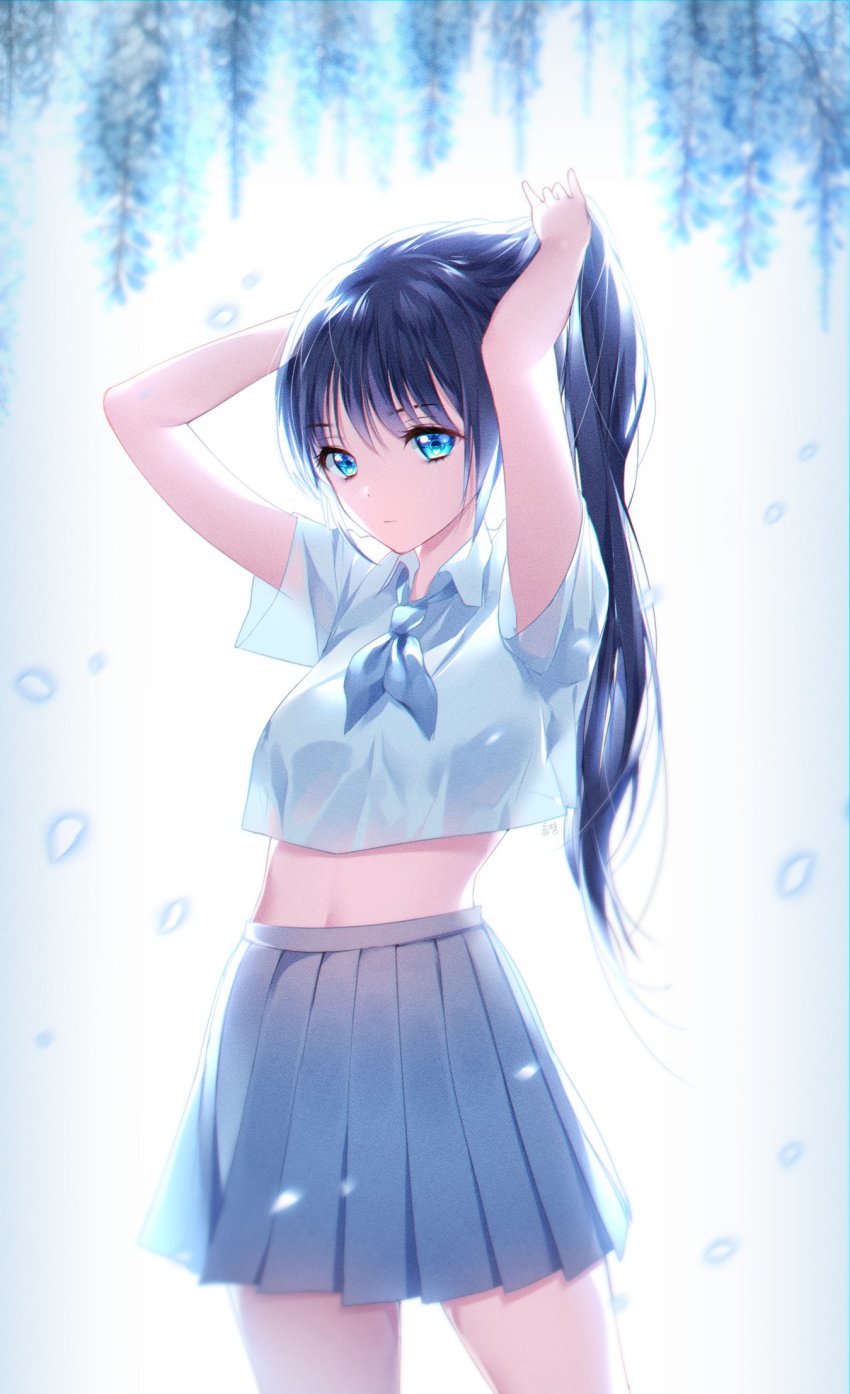 1girl, adjusting_hair, arms_up, ascot, bad_id, bad_twitter_id, black_hair, blouse