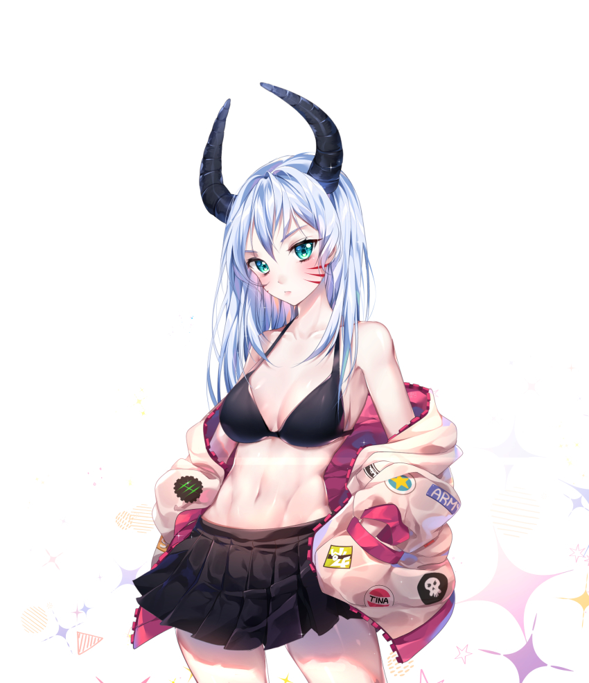 1girl, aqua_eyes, bad_id, bad_twitter_id, badge, bikini, black_bikini, black_horns