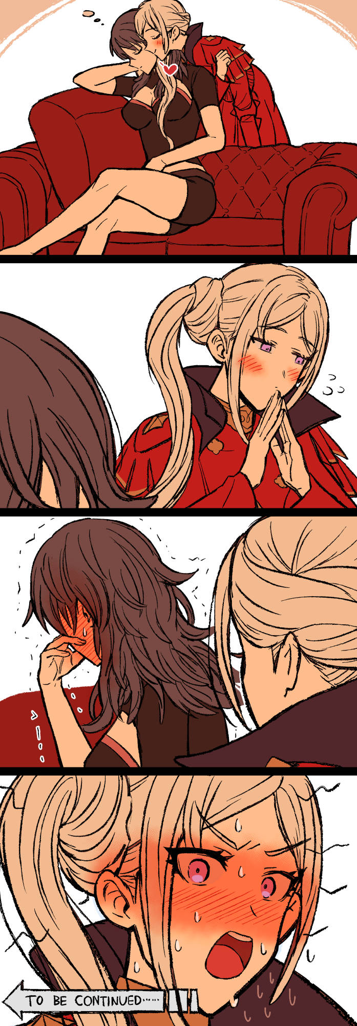 2girls, blue_hair, blush, breasts, female_byleth_(fire_emblem), cleavage, closed_eyes, commentary_request