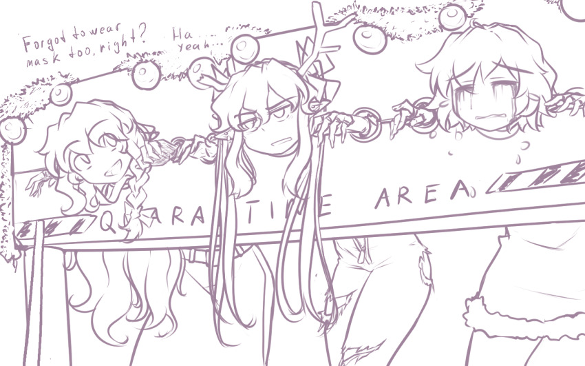 3girls, animal_costume, annoyed, antlers, belt, bow, braid, broken_antler