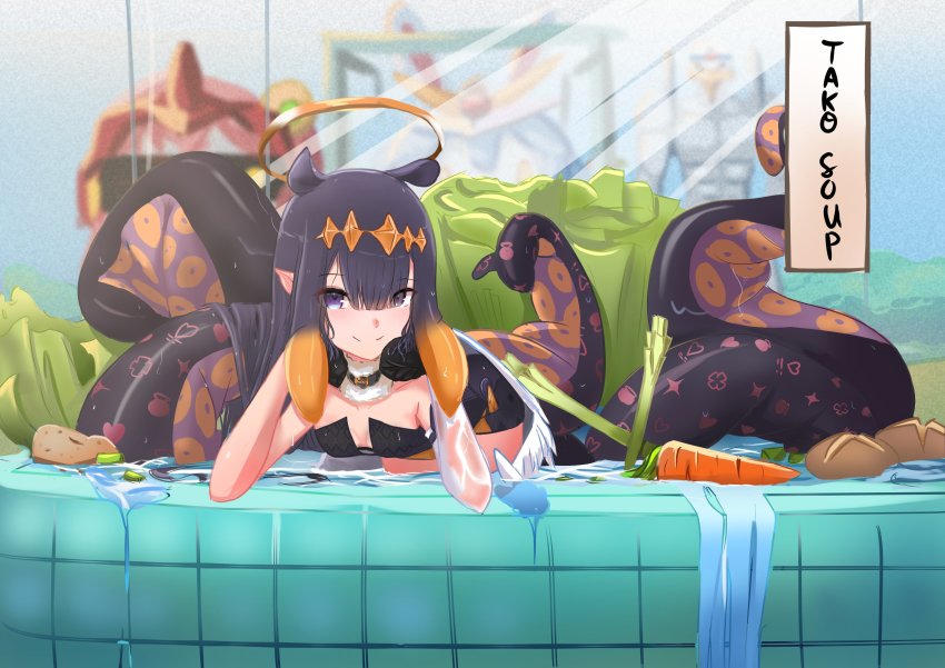1girl, absurdres, bent_over, black_eyes, black_hair, blunt_bangs, carrot, celery