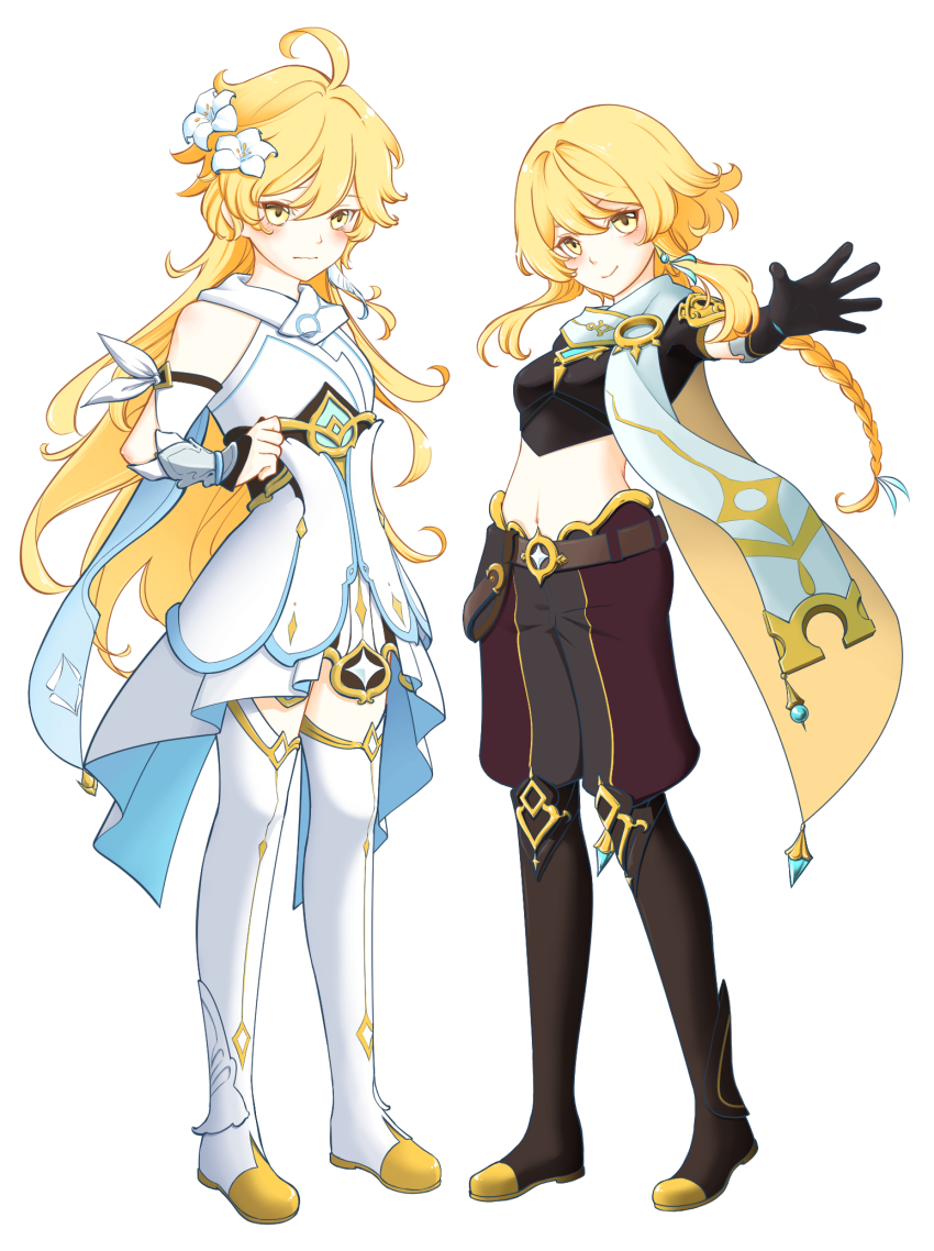 1boy, 1girl, aether_(genshin_impact), aether_(genshin_impact)_(cosplay), ahoge, alternate_costume, belt, blonde_hair