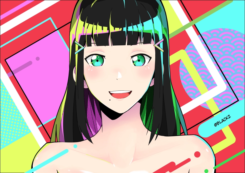 1girl, aqua_eyes, artist_name, artist_request, bare_shoulders, black_hair, blunt_bangs, blush