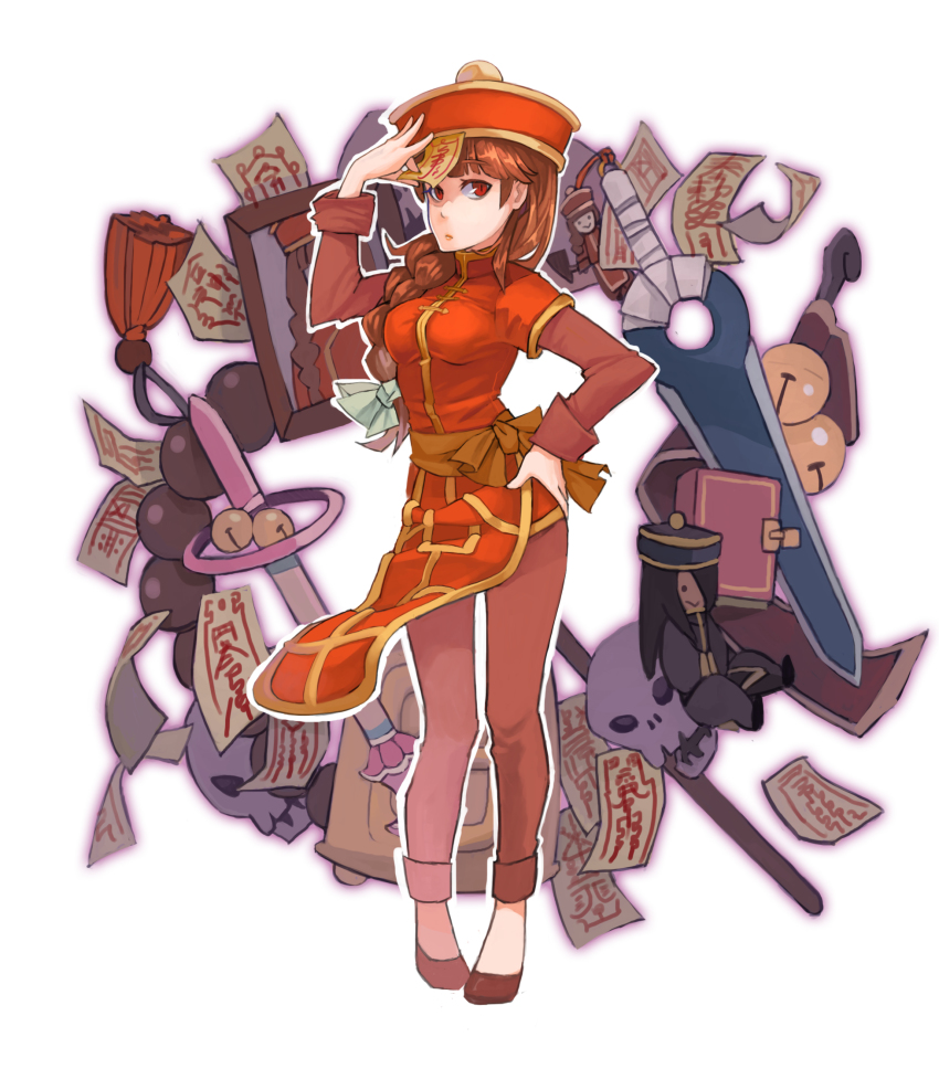 1girl, :>, beads, bell, black_footwear, blunt_bangs, bongun, book, bow, braid, braided_ponytail, breasts, brown_hair, brown_pants, brown_shirt, character_doll, chinese_clothes, closed_mouth, commentary, doll, full_body, green_bow, hair_bow, hand_on_own_hip, hat, highres, jacket, jiangshi, jingle_bell, kemushi_sama, layered_sleeves, long_hair, long_sleeves, looking_at_viewer, low-tied_long_hair, medium_breasts, munak, ofuda, painting_(object), pants, prayer_beads, qingdai_guanmao, ragnarok_online, red_eyes, red_jacket, sash, shirt, short_over_long_sleeves, short_sleeves, simple_background, skull, solo, standing, sword, weapon, white_background, yellow_sash