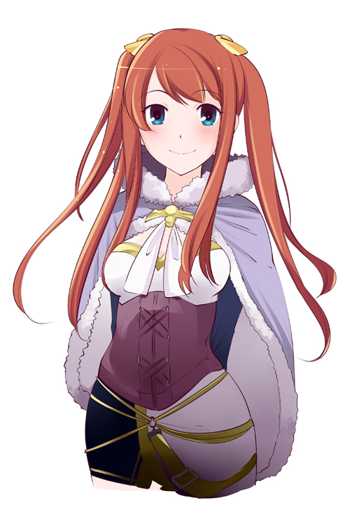 1girl, arms_behind_back, blue_eyes, breasts, cape, female_focus, fur, long_hair