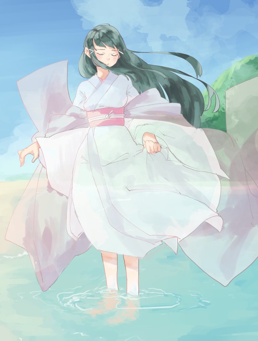 1girl, aqua_eyes, artist_name, artist_request, black_hair, blue_sky, blush, collarbone