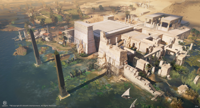 6+others, ancient_egyptian, anubis_(mythology), assassin's_creed:_origins, assassin's_creed_(series), boat, column, commentary_request, darkhikari, day, farm, from_above, highres, lily_pad, moss, multiple_others, obelisk, outdoors, palm_tree, path, pillar, road, rock, sailboat, scenery, shadow, signature, statue, temple, tent, tower, tree, ubisoft, water, watercraft, watermark