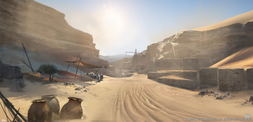 assassin's_creed:_origins, assassin's_creed_(series), barrel, blue_sky, bush, cliff, commentary_request, crane_(machine)