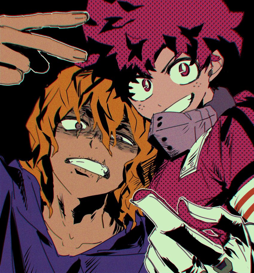 2boys, adam's_apple, alternate_hair_color, ben-day_dots, black_background, blue_shirt, boku_no_hero_academia, chapped_lips