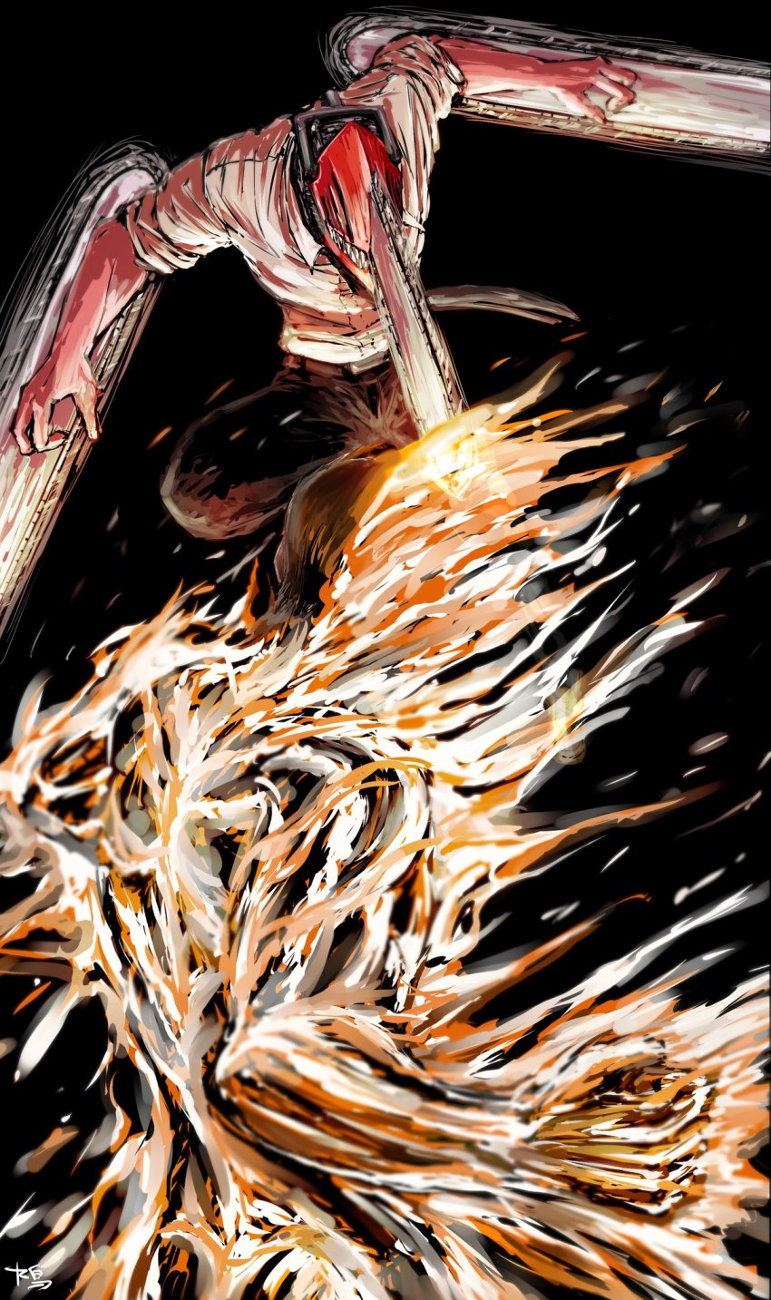 2boys, agni_(fire_punch), black_background, black_hair, black_pants, burning, chainsaw, chainsaw_man