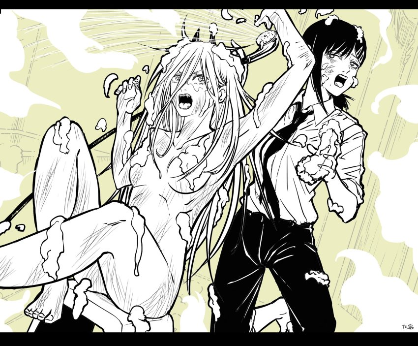 2girls, barefoot, bathing, bathing_another, black_pants, breasts, censored, censored_nipples, chainsaw_man, chair, collared_shirt, convenient_censoring, dirty, fighting, h9r9h9r9, hair_between_eyes, hair_ornament, hair_tied, hair_tied_back, hairpin, higashiyama_kobeni, highres, horns, long_hair, mole, mole_under_eye, mole_under_mouth, multiple_girls, open_mouth, pants, ponytail, power_(chainsaw_man), sharp_teeth, shirt, shower_head, sleeves_rolled_up, soap, steam, teeth, thighs, tongue, unusual_pupils, washing_another, white_shirt