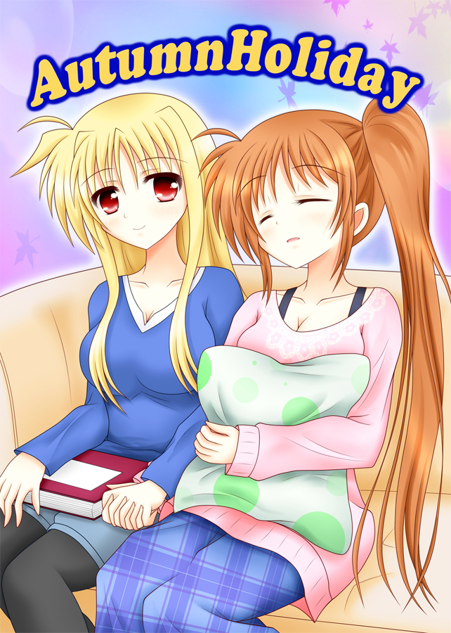 2girls, alternate_costume, blonde_hair, book, breasts, brown_hair, casual, cleavage