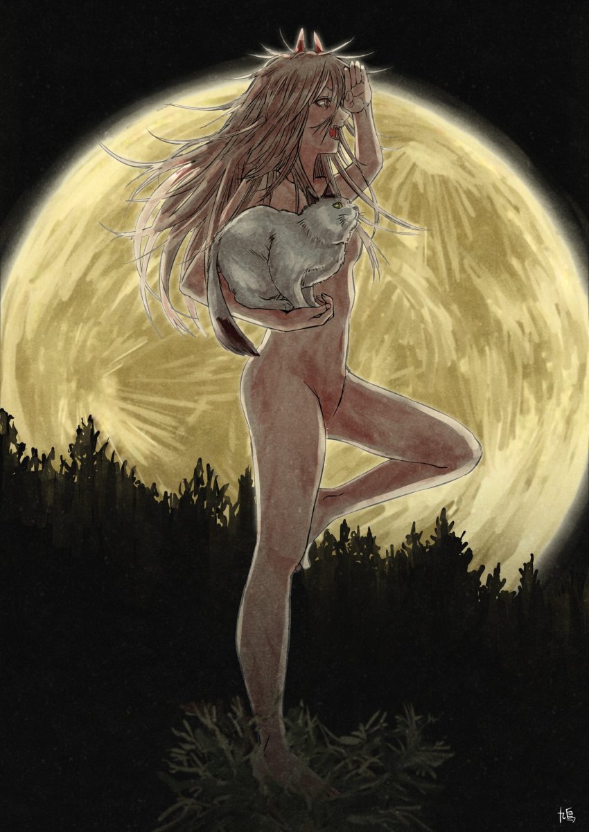 1boy, 1girl, animal, cat, censored, chainsaw_man, convenient_censoring, dirty, fang, fangs, full_moon, h9r9h9r9, hair_between_eyes, highres, holding, holding_animal, holding_cat, horns, leaves, long_hair, meowy_(chainsaw_man), messy_hair, moon, night, censored_nipples, nude, open_mouth, pink_hair, power_(chainsaw_man), red_eyes, salute, sharp_teeth, smile, standing, teeth, tongue, tree, unusual_pupils, watermark, white_cat